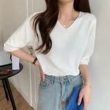 ホワイト | Vネック半端袖ニットソー レディース トップス | NinaetLina