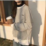 ホワイト | ボーダー裾フェイクレイヤード長袖カットソー レディース トップス | NinaetLina