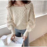 ライトベージュ | スクエアネックケーブルニット レディース セーター | NinaetLina