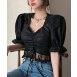 ブラック | Vネックブラウス レディース パフスリーブ | NinaetLina