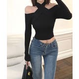 ブラック | ショート丈トップス へそ出し リブニット | NinaetLina