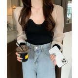 ブラック | リブニットトップス シフォン切り替え ドッキング | NinaetLina