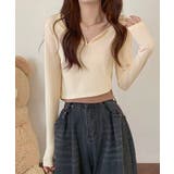 ベージュ | ショート丈トップス キーネック Tシャツ | NinaetLina