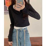 ブラック | ショート丈トップス キーネック Tシャツ | NinaetLina