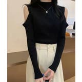 ブラック | リブニットトップス 肩だし ハイネック | NinaetLina