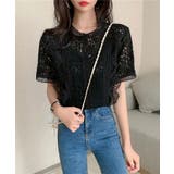 ブラック | レディース 総レース半袖ブラウス フェミニンフリルレーストップス | NinaetLina