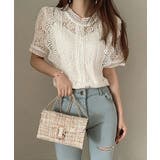 ホワイト | レディース 総レース半袖ブラウス フェミニンフリルレーストップス | NinaetLina