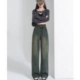 ダークインディゴブルー | ダブルボタン パッチデザイン ハイウエスト セミワイドストレートデニム | NinaetLina