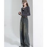 ダブルボタン パッチデザイン ハイウエスト セミワイドストレートデニム | NinaetLina | 詳細画像2