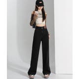 ブラック | ダブルボタン パッチデザイン ハイウエスト セミワイドストレートデニム | NinaetLina