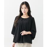 ブラック | (FM F3L)大きい胸専用 タック入デザインフレア7分袖ジョーゼットブラウス | nissen