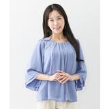 ペールブルー | (FM F3L)大きい胸専用 タック入デザインフレア7分袖ジョーゼットブラウス | nissen