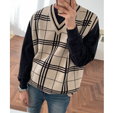 【フリー】ベージュ | ASCLO(エジュクロ)オーバーサイズチェックVネックベスト | 3rd Spring