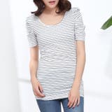 ホワイトボーダー | 肌さわりよいパフ袖カットソー 半袖Tシャツ トップス | SLENDER