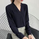 ネイビー | 胸元タックシャツブラウス オフィスカジュアル オフィス | SLENDER