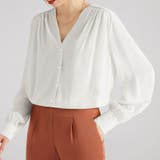 ホワイト | Vネックシャツブラウス オフィスカジュアル レディース | SLENDER