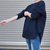 ネイビー | 裏起毛サイドスリットカットソー ラウンドネック 裏地ファーTシャツ | SLENDER