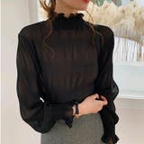 ブラック | ハイネックシースルーシアーカットソー シフォン シンプル | SLENDER