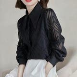 リーフ柄立体模様シフォンブラウス ブラック 袖シアー素材 | SLENDER | 詳細画像2