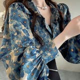 ブルー | 花柄デザインブラウス長袖 ブルー おしゃれ | SLENDER