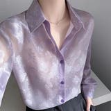 パープル | 花柄シースルーブラウス 長袖ブラウス ホワイト | SLENDER