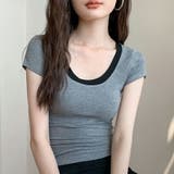 グレー | スリムフィットバイカラー半袖Tシャツ コンパクトTシャツ 伸縮性抜群 | SLENDER