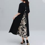 ブラック | バック切り替え半袖ワンピース レイヤード風ワンピース 5分袖 | SLENDER