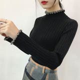 ブラック | 配色メロウ長袖ハイネックニット 着回し力抜群 シンプル | SLENDER