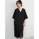 BLACK | シンプルエレガントVネック半袖ワンピースワイドスリーブミニマム裾スリット | On One's Own