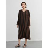 太ストライプバイカラーVネック長袖ワンピースシンプル | On One's Own | 詳細画像6