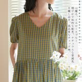 綿100%半袖ワンピースチェック柄ウエストギャザーバイカラーパフスリーブ | On One's Own | 詳細画像2