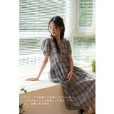 綿100％チェック柄半袖ワンピースウエストギャザーブルーパフスリーブミモレ丈 | On One's Own | 詳細画像5 