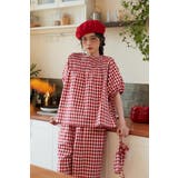 ブラウス:レッド/RED | ギンガムチェックスモッキング刺繍半袖ギャザーブラウスセットアップ対応 | On One's Own