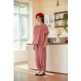 パンツ：レッド/RED | ギンガムチェックスモッキング刺繍パンプキンパンツワイド裾フリルバルーンパンツ | On One's Own