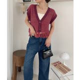 Vネック 裾フリンジ ラメニット ベスト | Ada. | 詳細画像25