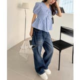 フロント ねじりデザイン パフスリーブ ギンガムチェック ペプラム ブラウス | Ada. | 詳細画像10