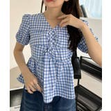フロント ねじりデザイン パフスリーブ ギンガムチェック ペプラム ブラウス | Ada. | 詳細画像11