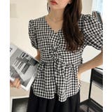 フロント ねじりデザイン パフスリーブ ギンガムチェック ペプラム ブラウス | Ada. | 詳細画像15