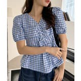フロント ねじりデザイン パフスリーブ ギンガムチェック ペプラム ブラウス | Ada. | 詳細画像2