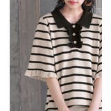 ライトベージュ | somari imaginationボーダー柄フリルニットポロシャツ | osharewalker