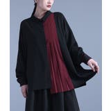 ブラック | kOhAKU配色切替プリーツデザインシャツ | osharewalker