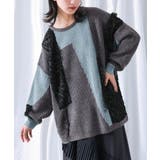 チャコール | kOhAKU配色シアー切替フリンジデザインニット | osharewalker