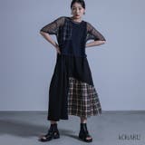 kOhAKUメッシュTシャツ×チェック柄切替タンクワンピースセット | osharewalker | 詳細画像1