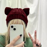 ワインレッド | 猫耳ニット帽 レディース ニット帽 | REAL STYLE