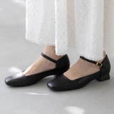 1020ブラックPU | スクエアトゥ ストラップ 変形ヒール | welleg