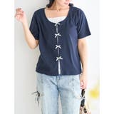 紺 | 【WEB限定】レイヤード風リボン付き花柄トップス | Re-J&SUPURE