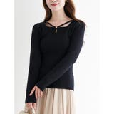 黒 | パール付きクロスリブニットトップス | LUDIC PARK