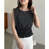 BLACK | 【CAPRICIEUX LE'MAGE】ボーダー裾ギャザーT | PAL GROUP OUTLET