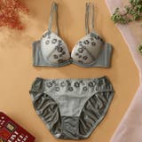 カーキ | 【EFカップ】フラワーレースレースストラッピー3/4カップブラ&ショーツ | palissee