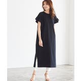 ブラック | フリルロングワンピース フリル 袖コン スリット ロング 膝下 半袖 | Pierrot